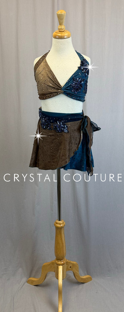 Teal and Brown Flowy Two-Piece Set with Appliques - Rhinestones