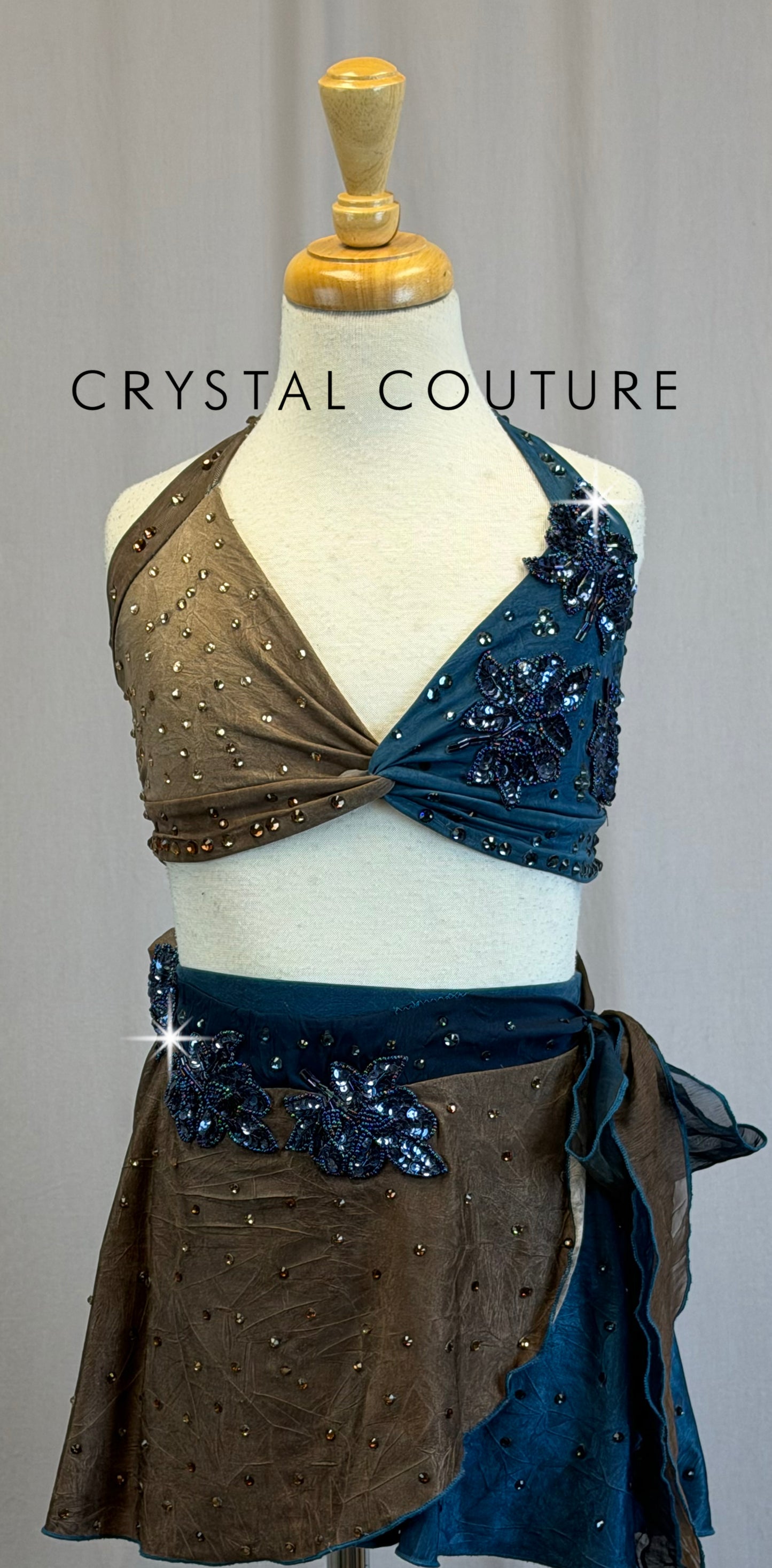 Teal and Brown Flowy Two-Piece Set with Appliques - Rhinestones