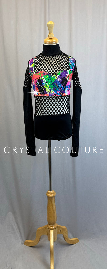 Black Fishnet Neon Splatter Paint Leotard - Rhinestones