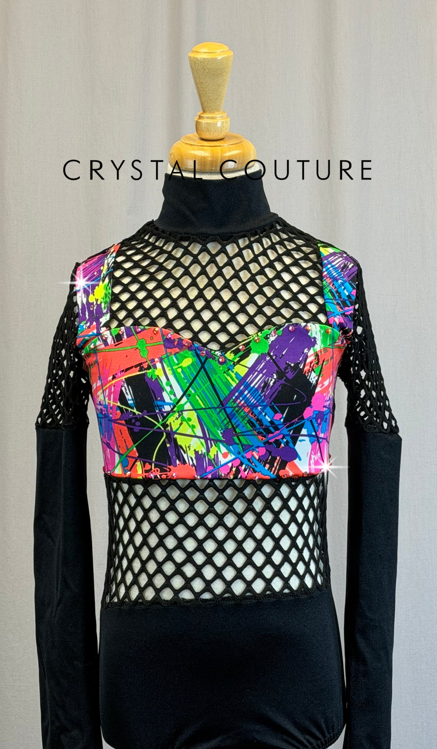 Black Fishnet Neon Splatter Paint Leotard - Rhinestones