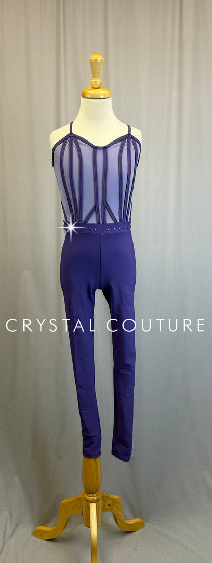 Purple and Lilac Mesh Geometric Unitard - Rhinestones