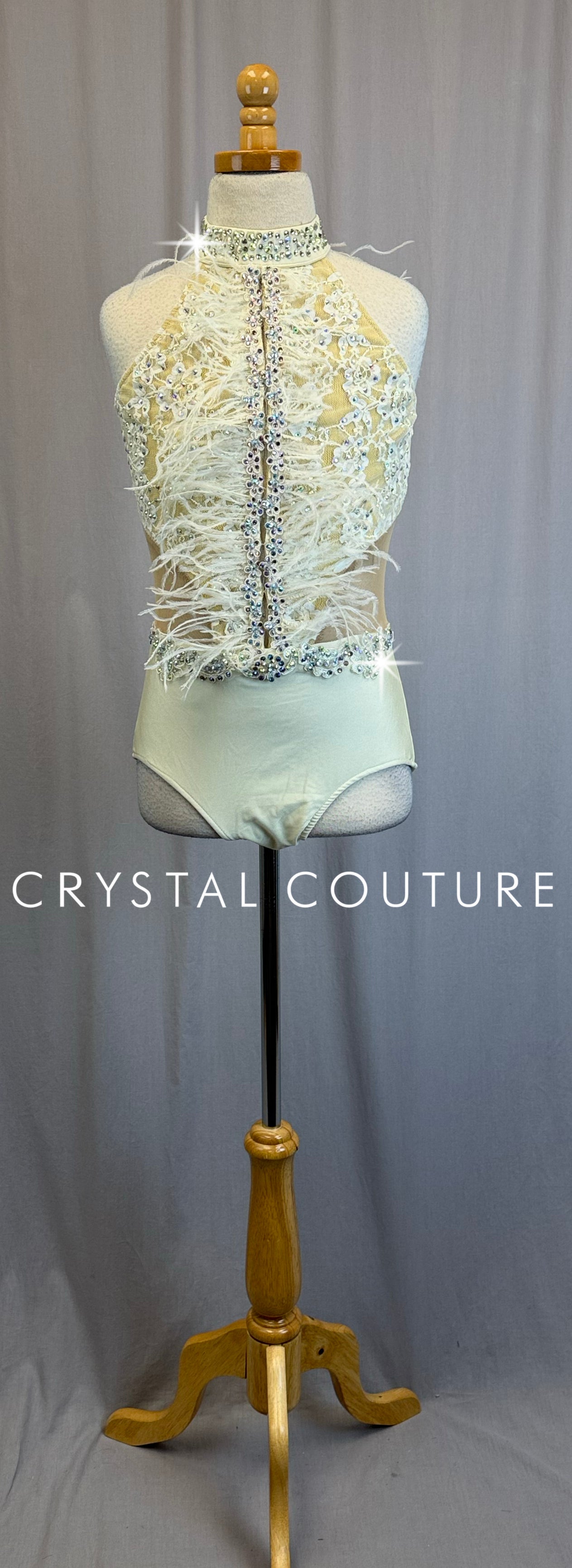 Ivory Lace and Nude Mesh Leotard with Feathers - Rhinestones