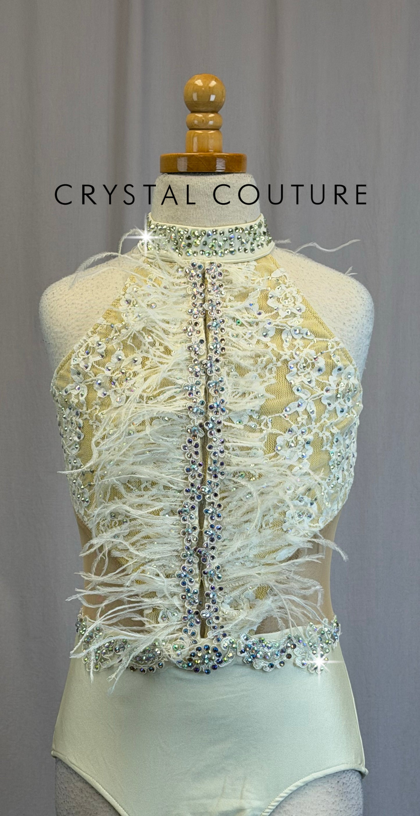 Ivory Lace and Nude Mesh Leotard with Feathers - Rhinestones