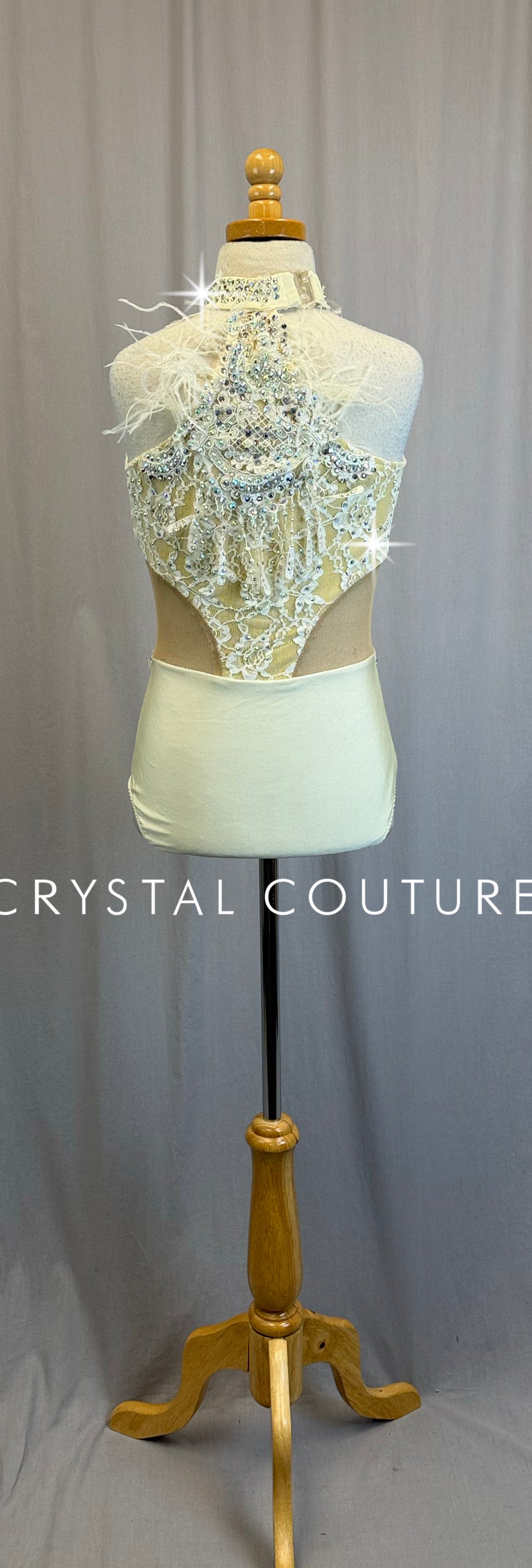 Ivory Lace and Nude Mesh Leotard with Feathers - Rhinestones