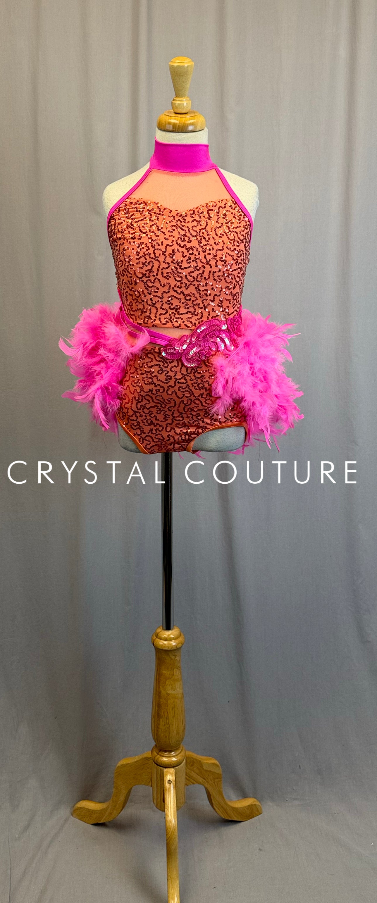 *Brand New* Peach Sequin Leotard with Pink Feather Skirt