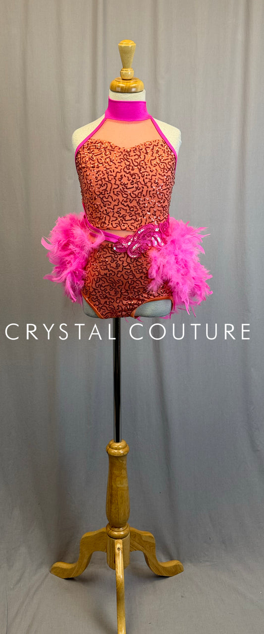 *Brand New* Peach Sequin Leotard with Pink Feather Skirt