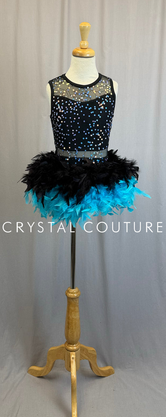*Brand New* Teal and Black Flower Sequin and Feather Tutu Dress