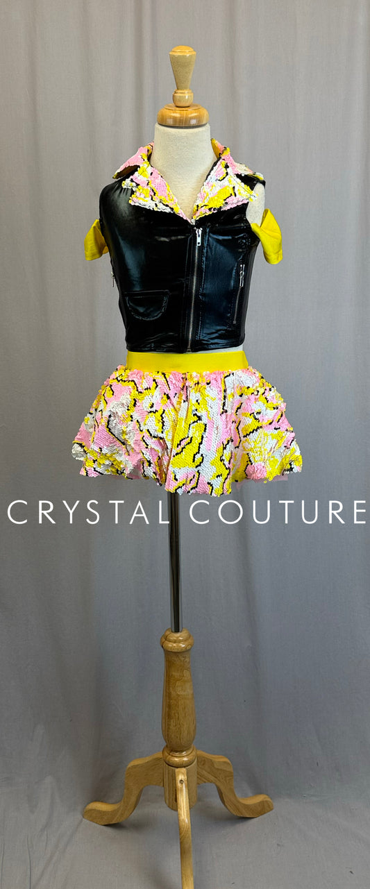 *Brand New* Yellow,Pink and Black Sequin Bubble Skirt and BlackVest Two-Piece Set