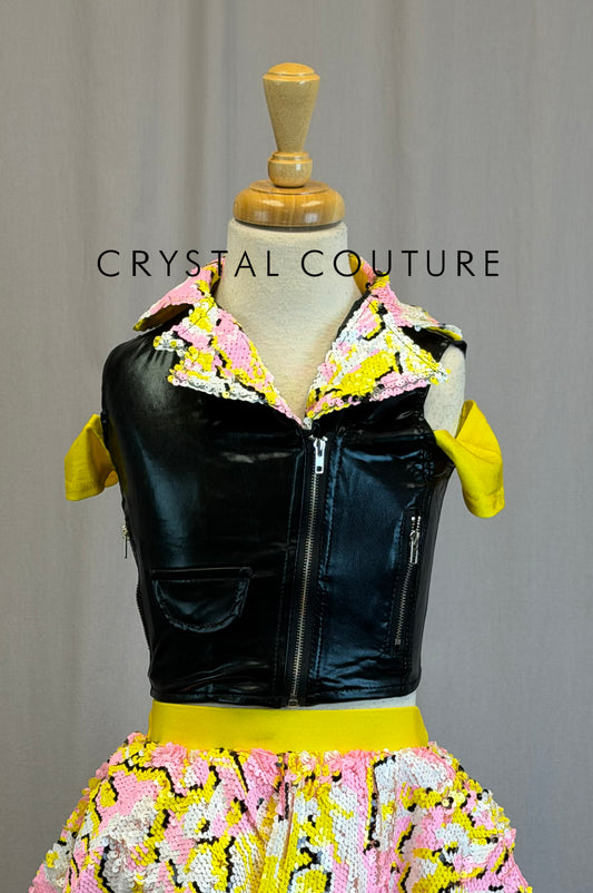 *Brand New* Yellow,Pink and Black Sequin Bubble Skirt and BlackVest Two-Piece Set