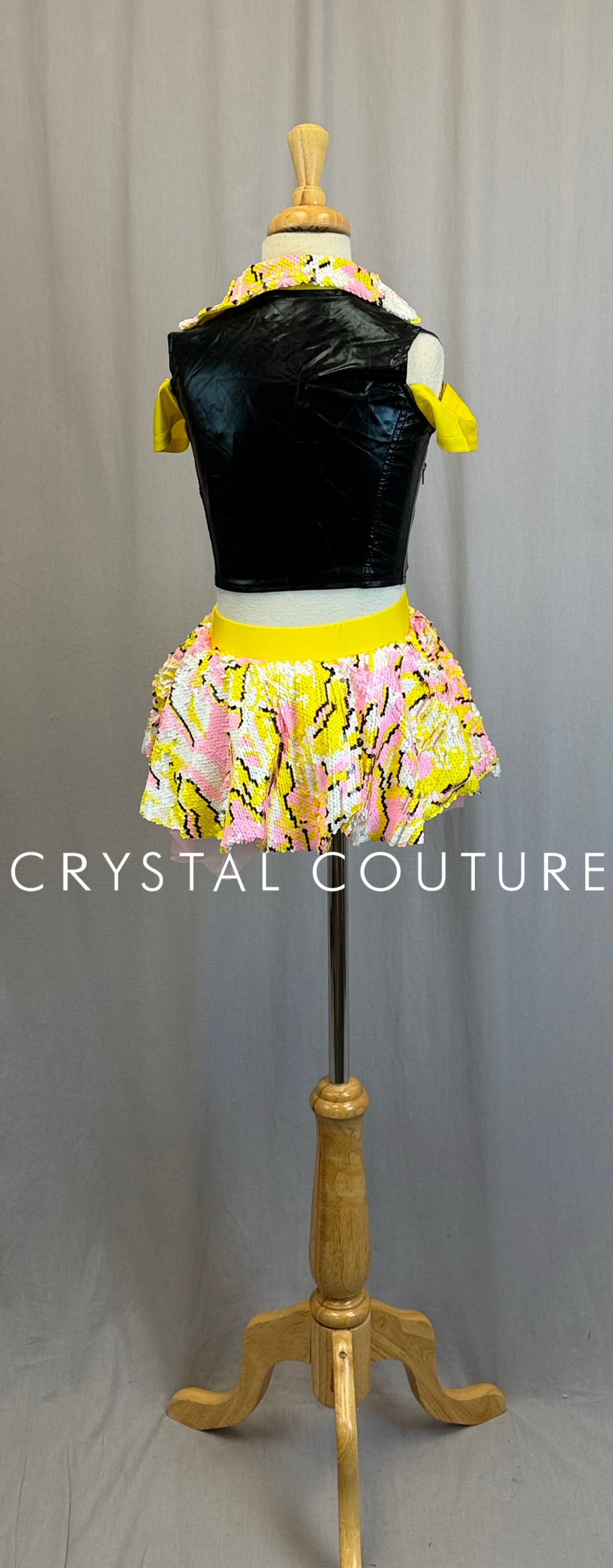 *Brand New* Yellow,Pink and Black Sequin Bubble Skirt and BlackVest Two-Piece Set