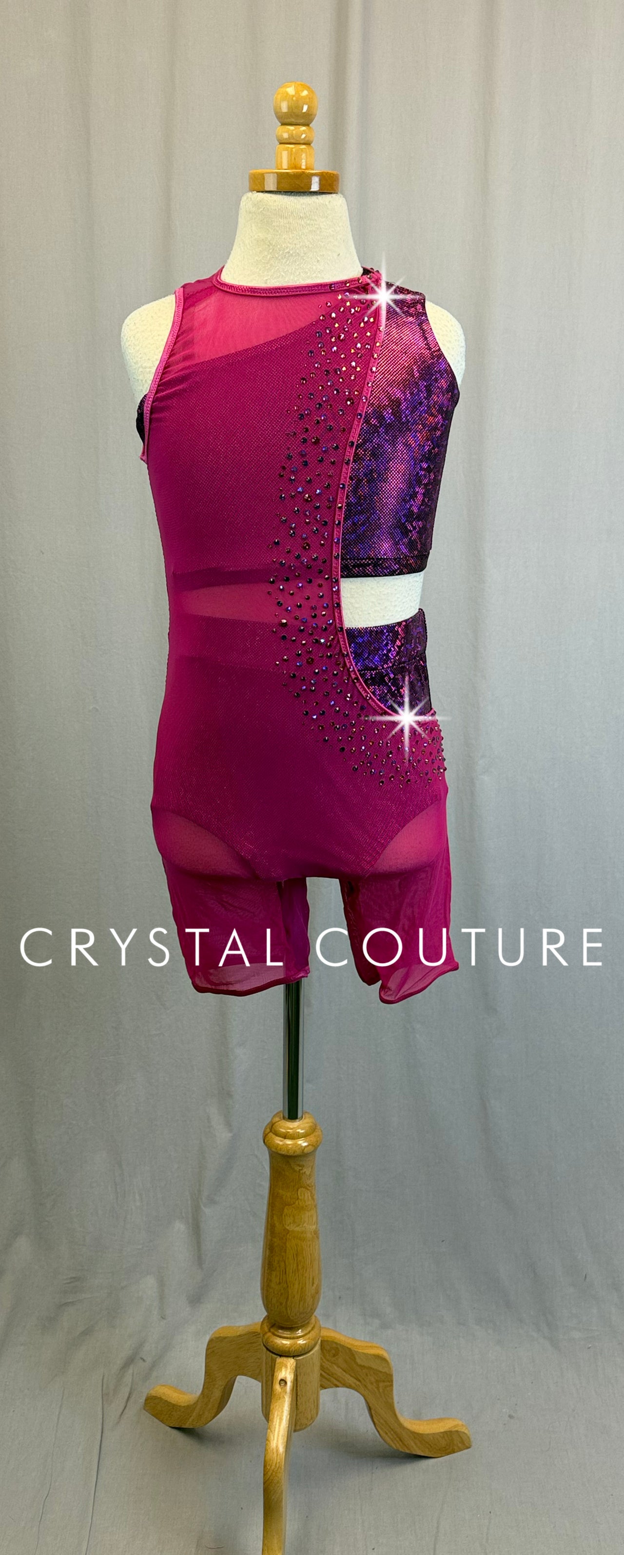 *Custom* Magenta Metallic Two-Piece Set with Mesh Biketard - Rhinestones