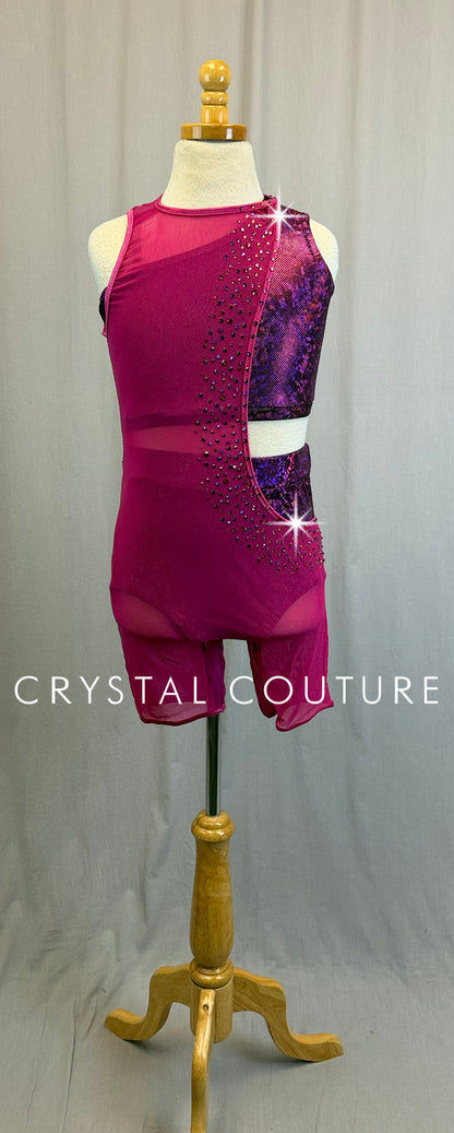 *Custom* Magenta Metallic Two-Piece Set with Mesh Biketard - Rhinestones
