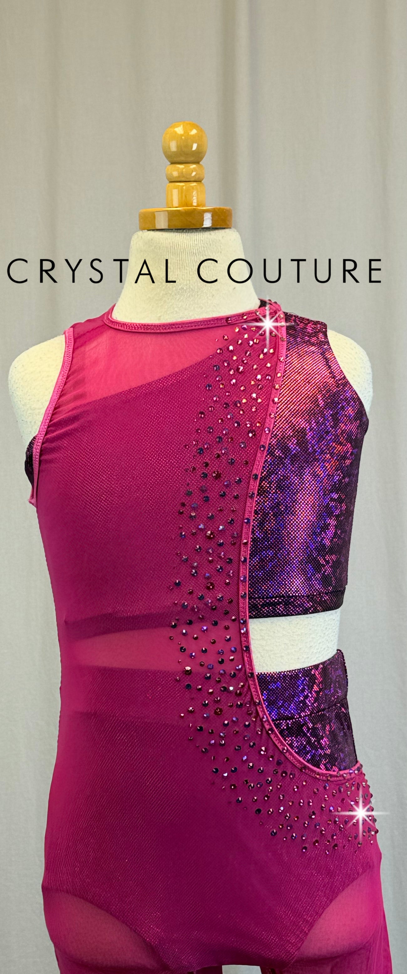 *Custom* Magenta Metallic Two-Piece Set with Mesh Biketard - Rhinestones