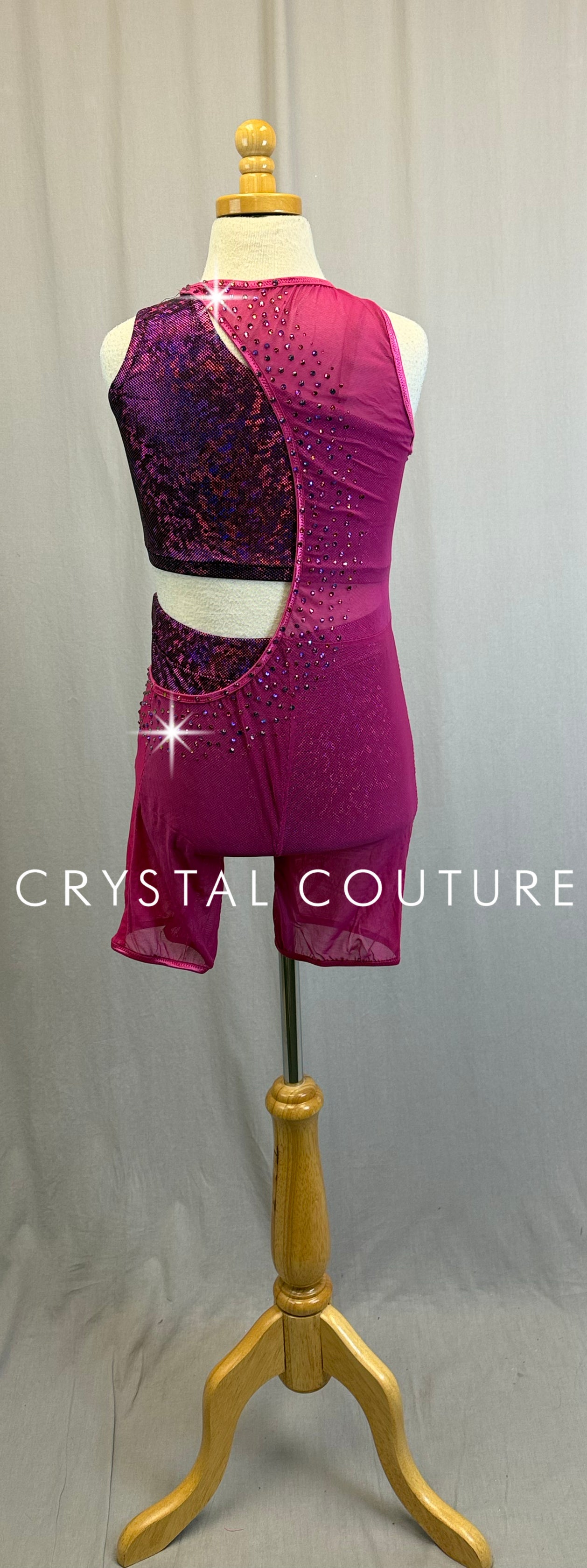 *Custom* Magenta Metallic Two-Piece Set with Mesh Biketard - Rhinestones