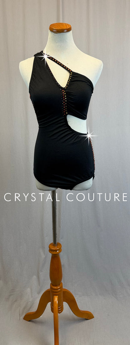 Black Asymmetrical Strappy Leotard with Red, Orange, and Yellow Rhinestone Accents