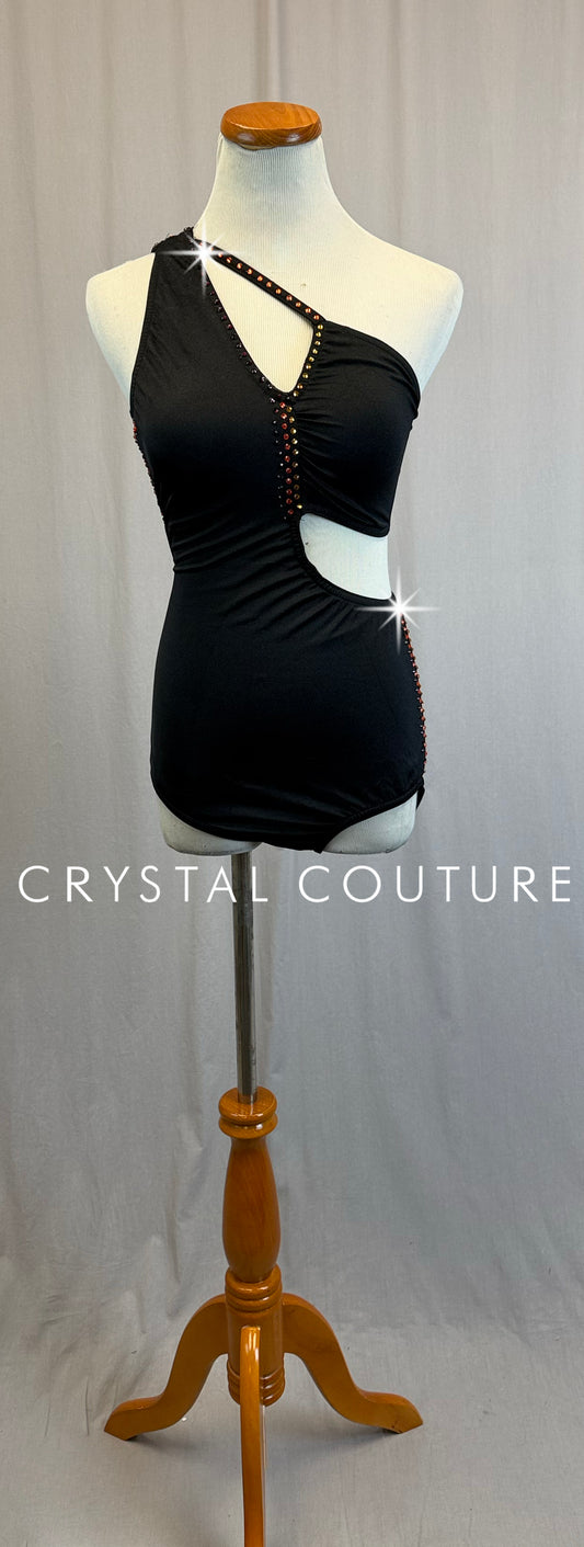Black Asymmetrical Strappy Leotard with Red, Orange, and Yellow Rhinestone Accents