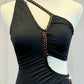 Black Asymmetrical Strappy Leotard with Red, Orange, and Yellow Rhinestone Accents