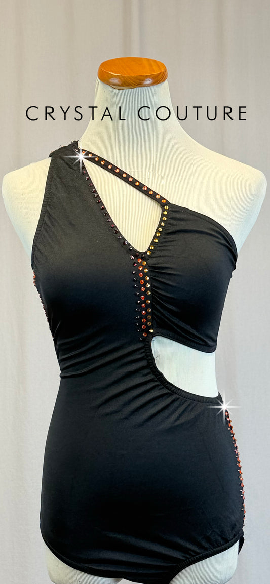 Black Asymmetrical Strappy Leotard with Red, Orange, and Yellow Rhinestone Accents