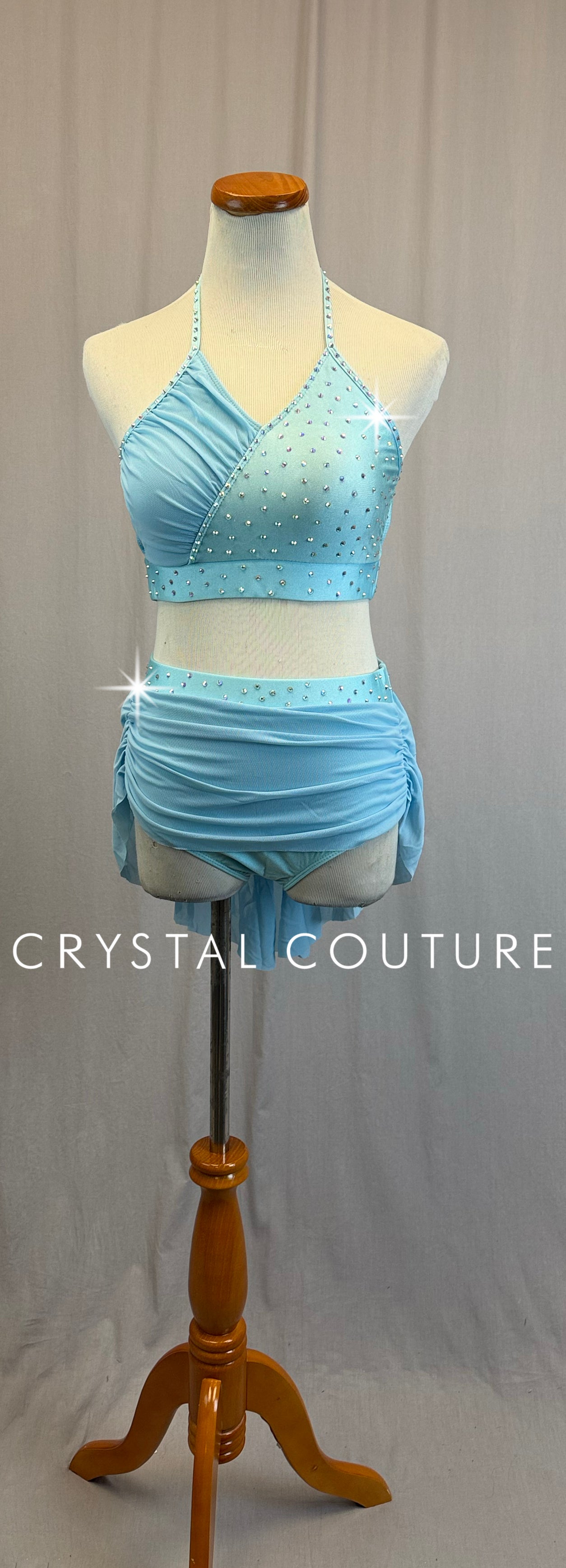 Light Blue Halter Top with Mesh Skirt Two-Piece Set - Rhinestones