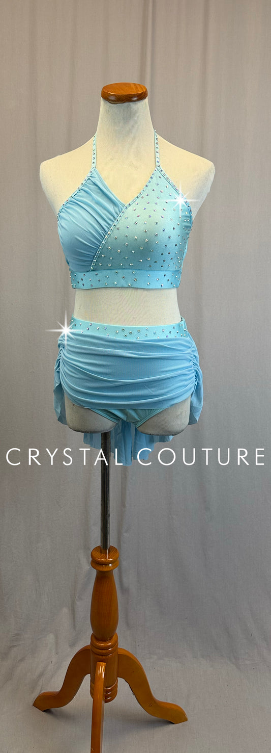 Light Blue Halter Top with Mesh Skirt Two-Piece Set - Rhinestones