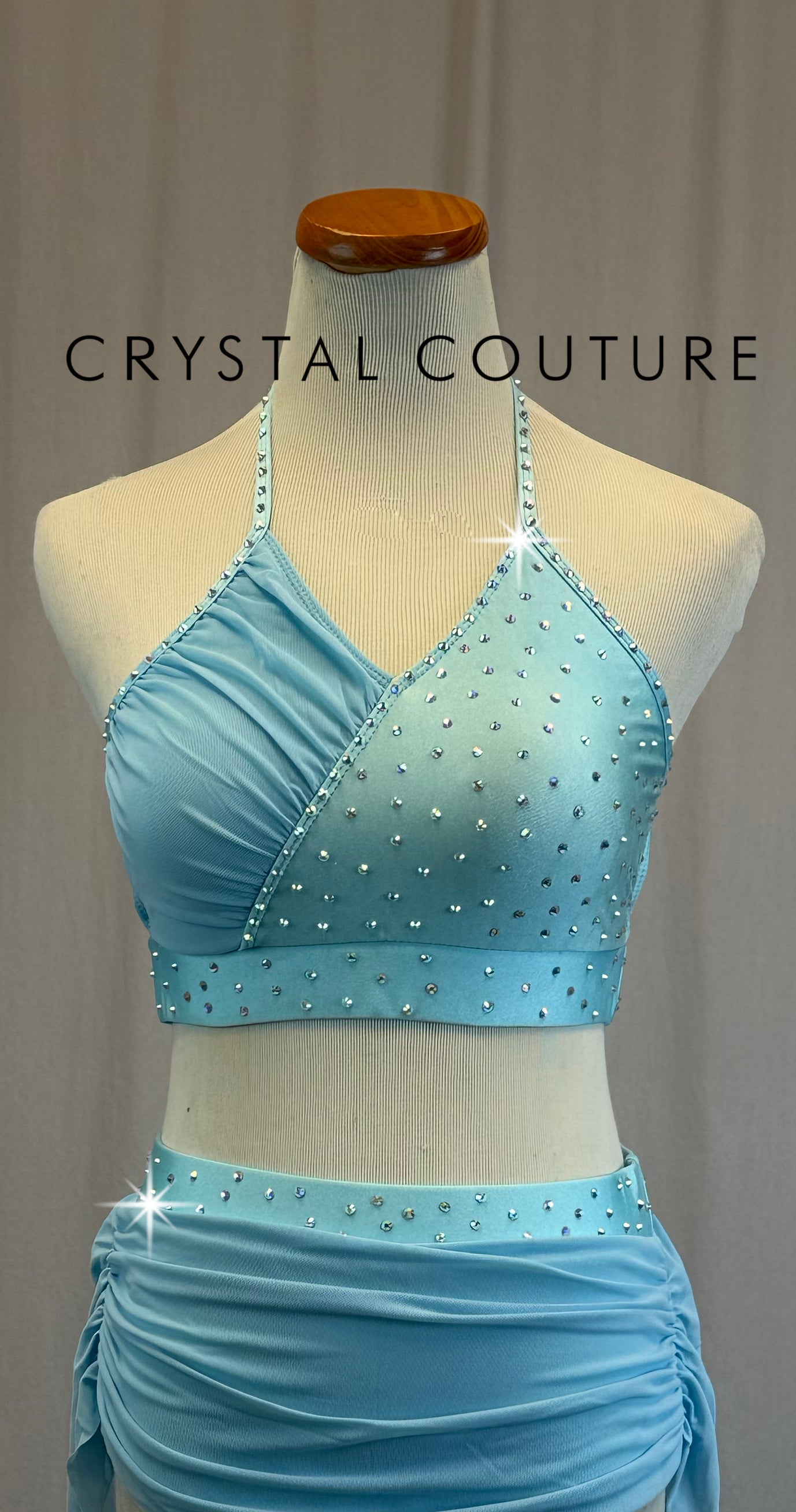 Light Blue Halter Top with Mesh Skirt Two-Piece Set - Rhinestones