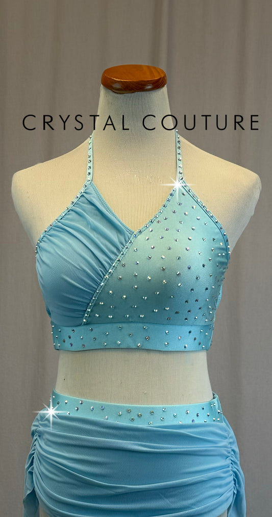 Light Blue Halter Top with Mesh Skirt Two-Piece Set - Rhinestones