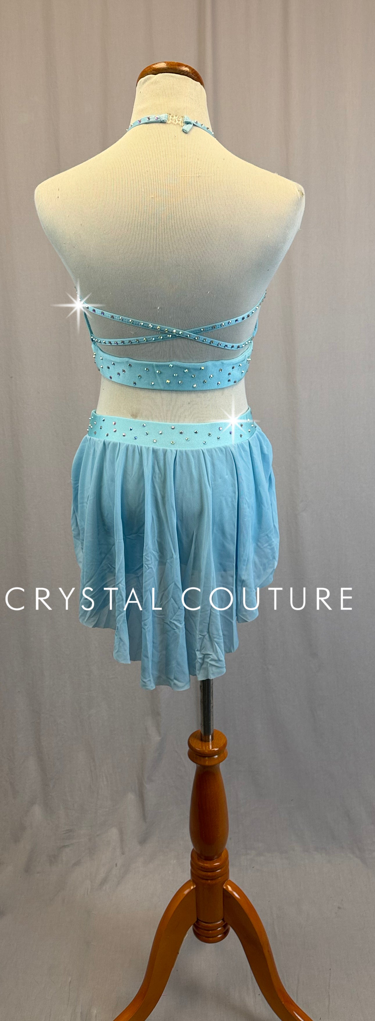 Light Blue Halter Top with Mesh Skirt Two-Piece Set - Rhinestones