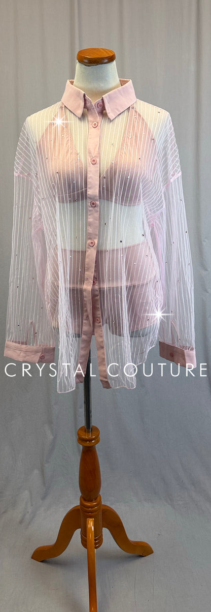 Dusty Pink Bra + Brief with Mesh Button Up Three-Piece Set-Rhinestones