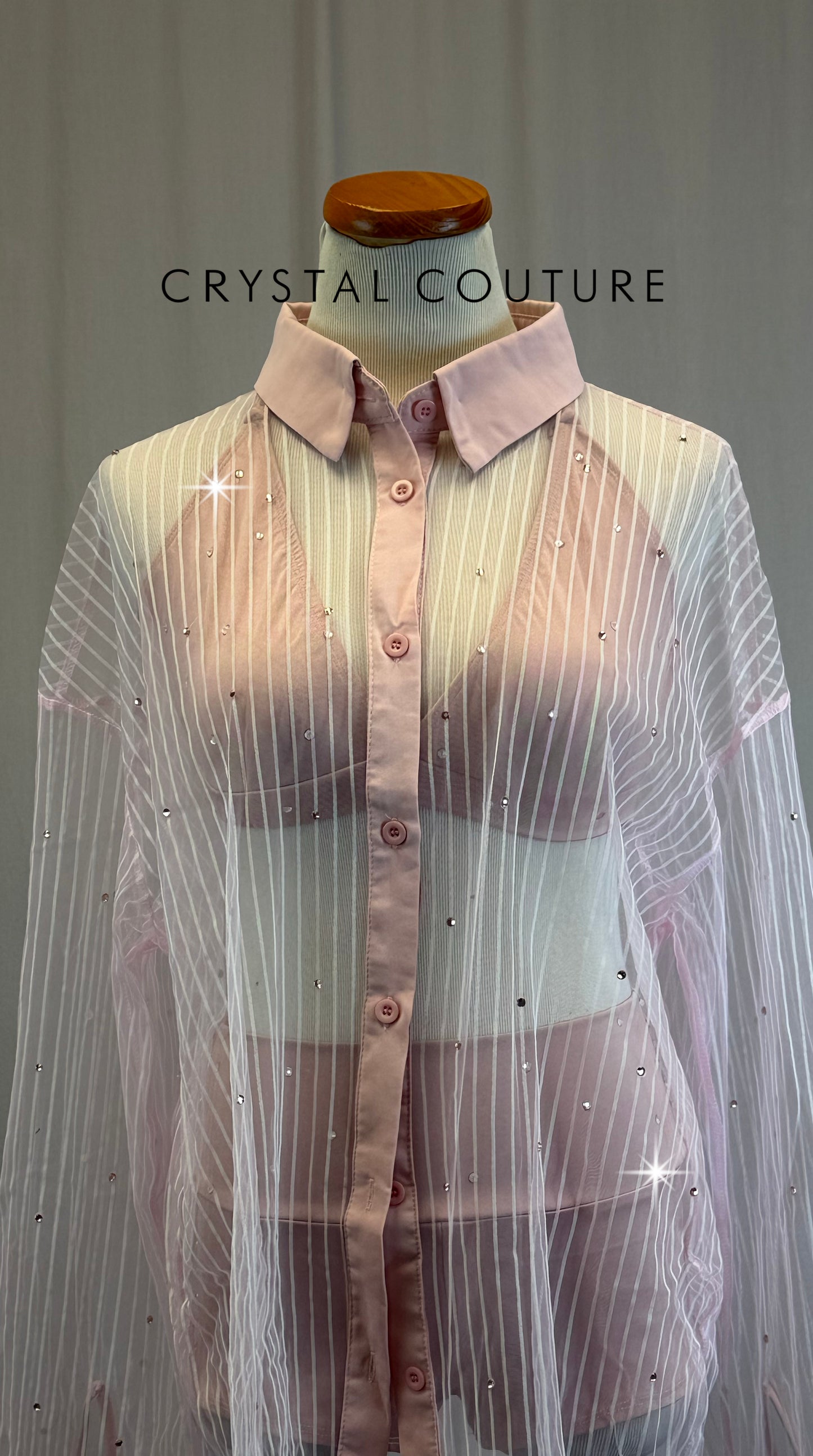 Dusty Pink Bra + Brief with Mesh Button Up Three-Piece Set-Rhinestones