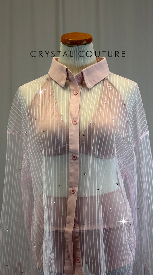 Dusty Pink Bra + Brief with Mesh Button Up Three-Piece Set-Rhinestones