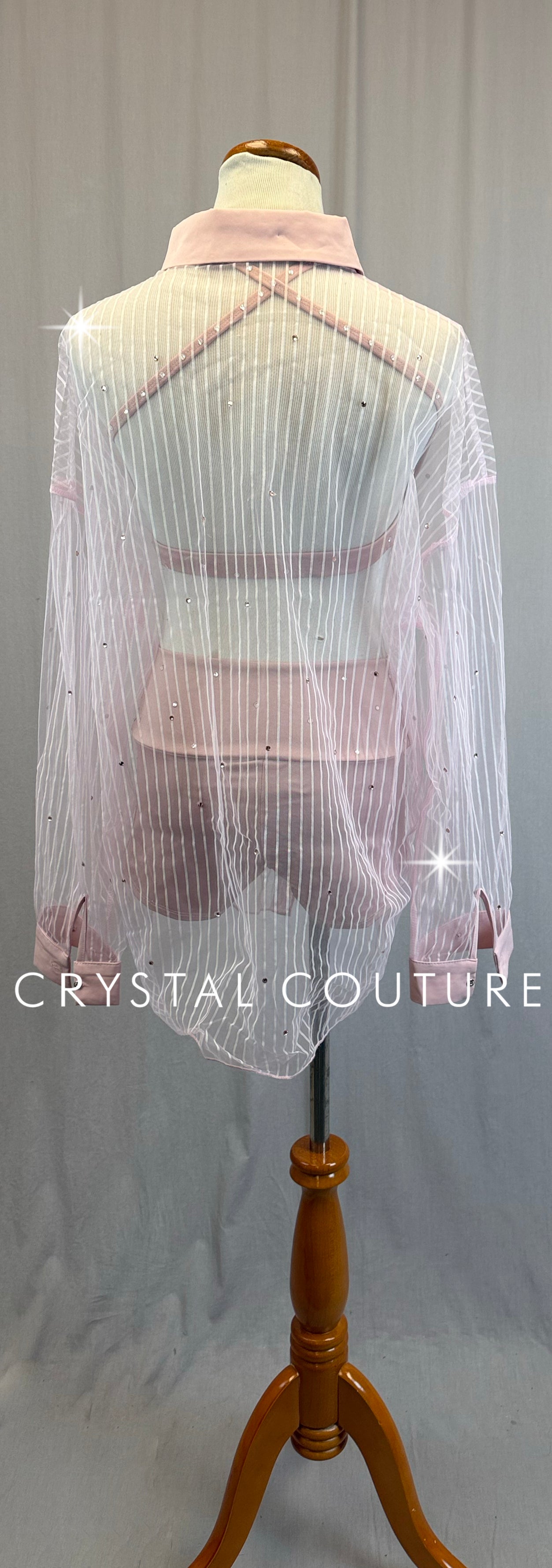 Dusty Pink Bra + Brief with Mesh Button Up Three-Piece Set-Rhinestones