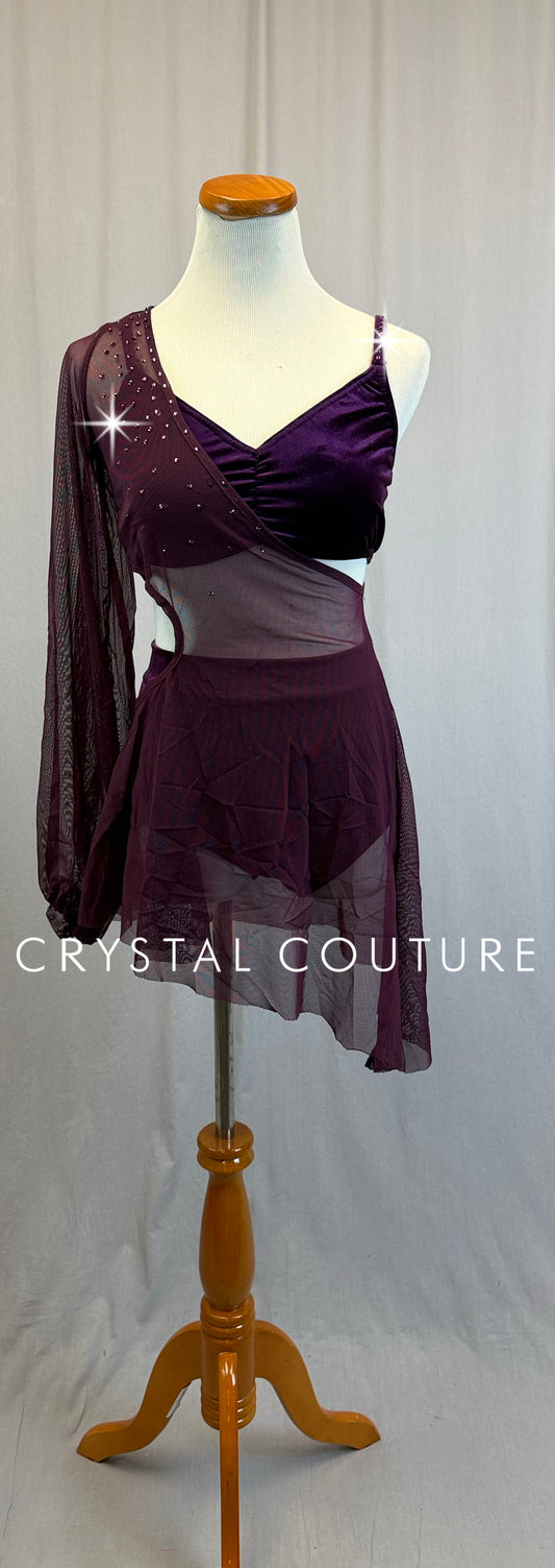 Plum Velvet Bra + Briefs Attached by a Mesh Asymmetrical Puff Sleeve Overlay Dress- Rhinestones