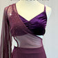 Plum Velvet Bra + Briefs Attached by a Mesh Asymmetrical Puff Sleeve Overlay Dress- Rhinestones
