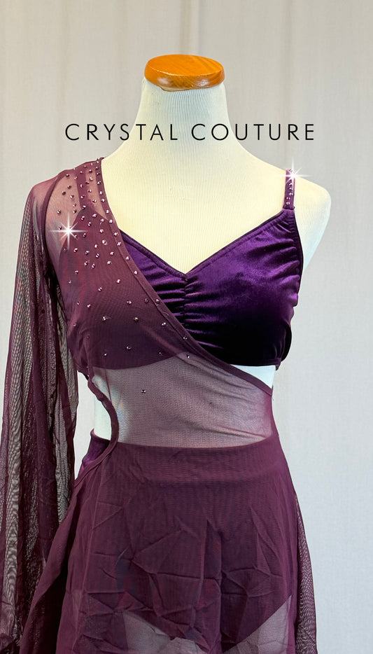 Plum Velvet Bra + Briefs Attached by a Mesh Asymmetrical Puff Sleeve Overlay Dress- Rhinestones