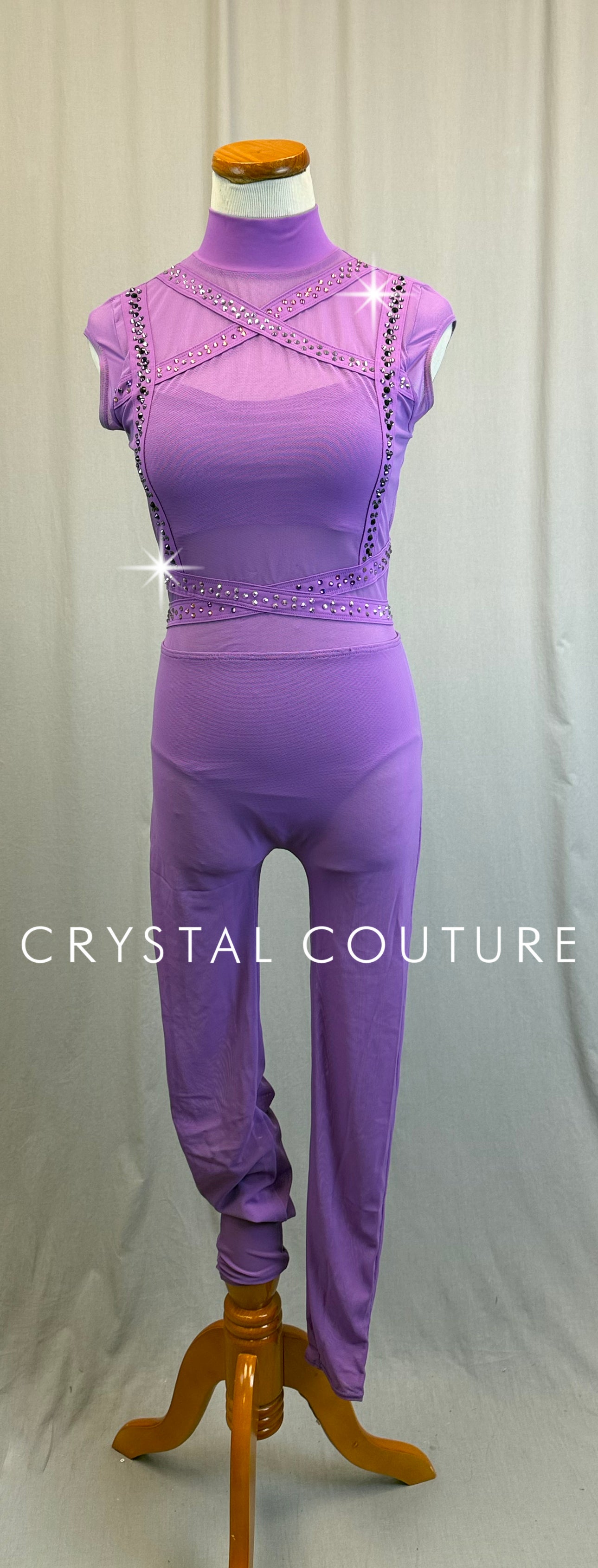 Lilac Purple Cap Sleeve Geometric Unitard - Rhinestones