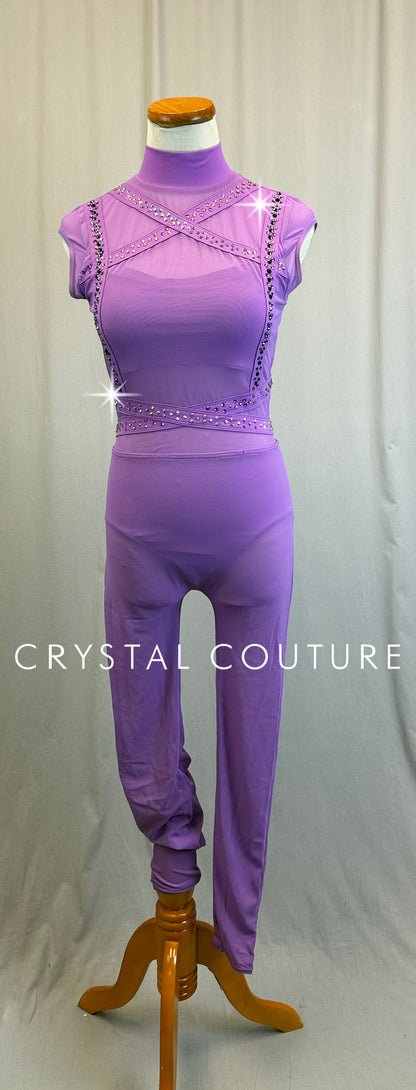Lilac Purple Cap Sleeve Geometric Unitard - Rhinestones