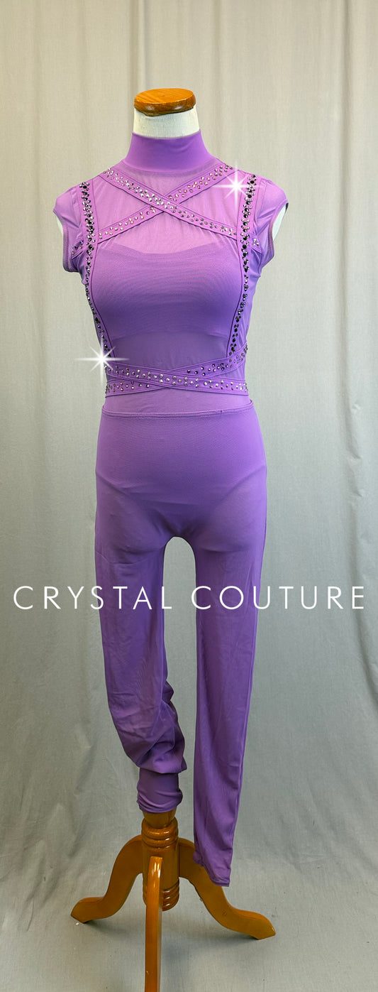 Lilac Purple Cap Sleeve Geometric Unitard - Rhinestones