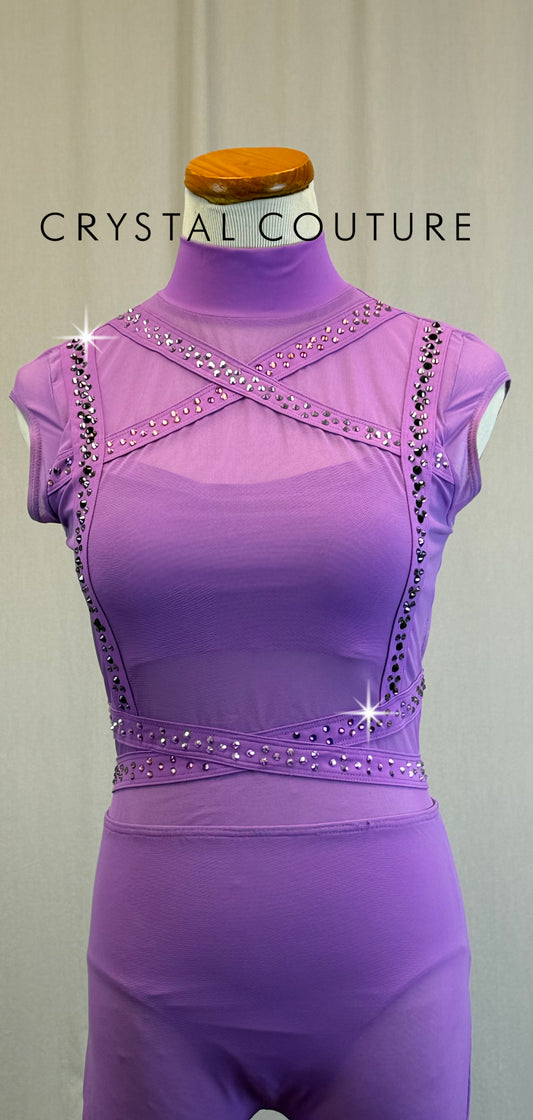 Lilac Purple Cap Sleeve Geometric Unitard - Rhinestones