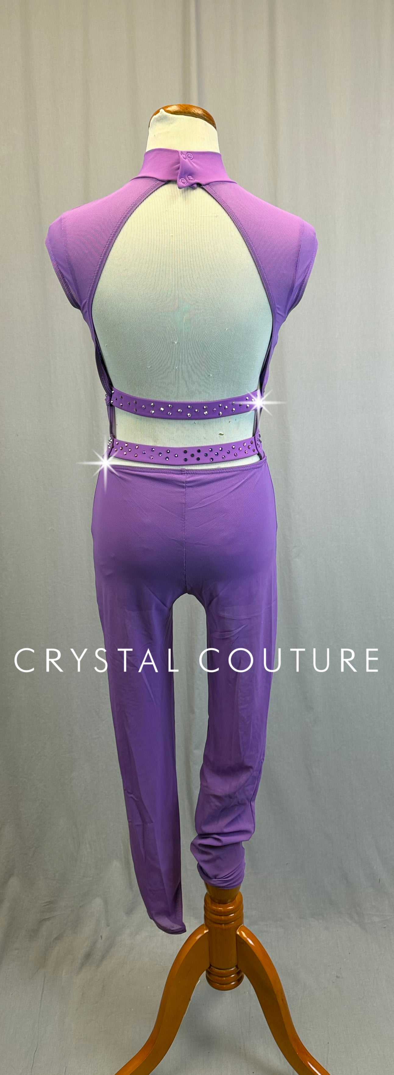 Lilac Purple Cap Sleeve Geometric Unitard - Rhinestones