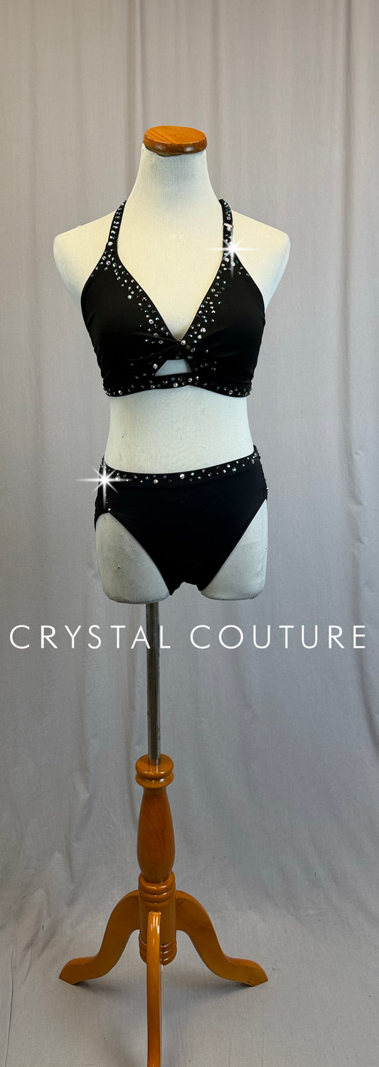 Black Bra Top and Brief Two-Piece Set - Rhinestones - Accessories