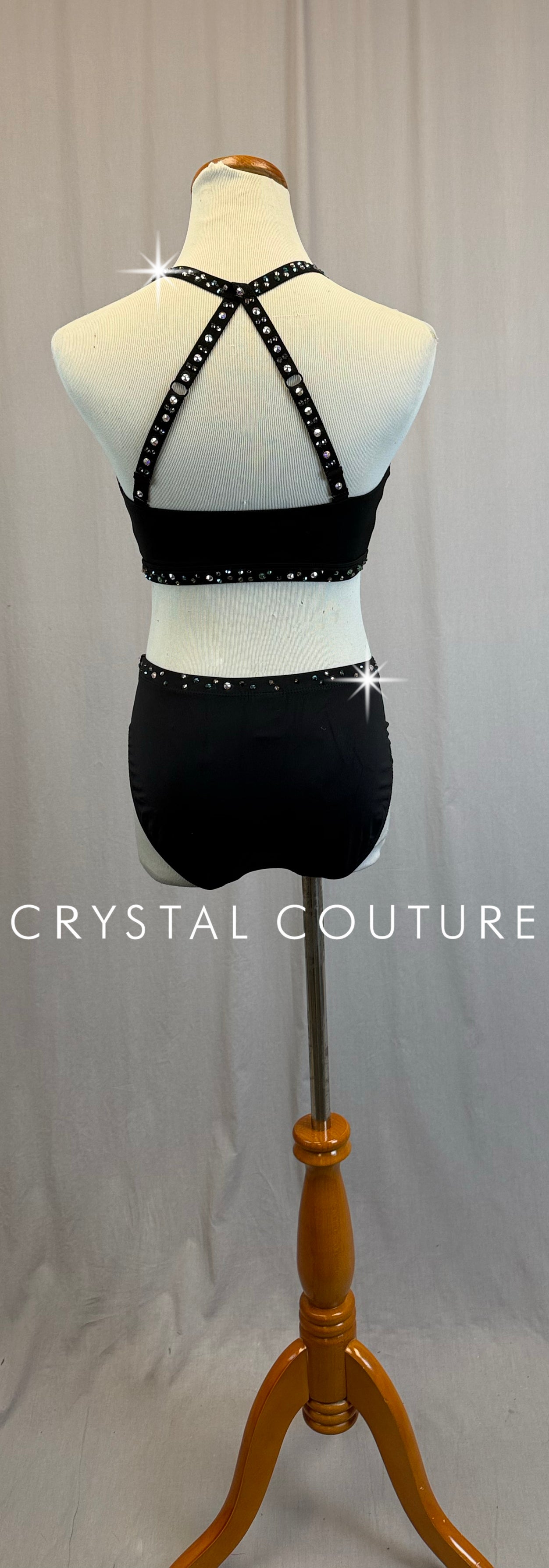 Black Bra Top and Brief Two-Piece Set - Rhinestones - Accessories