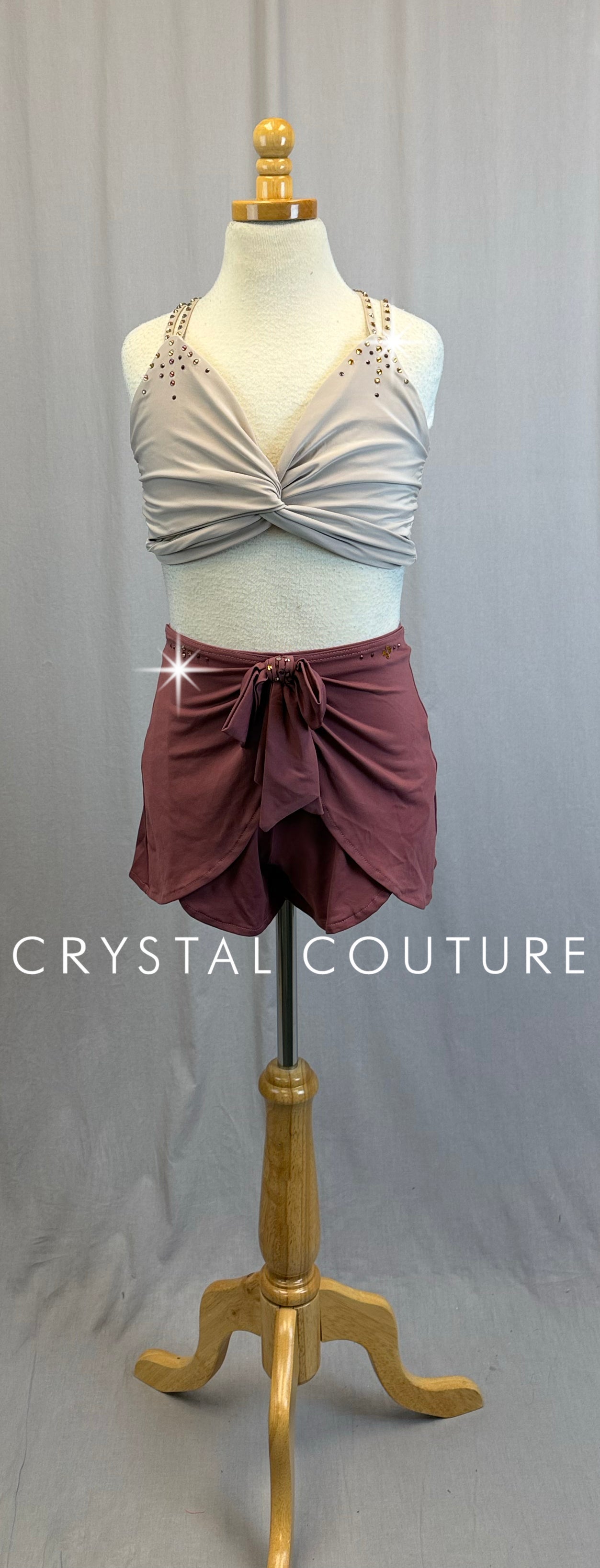 Nude/Tan Top and Dusty Red Flounce Short Two-Piece Set- Rhinestones