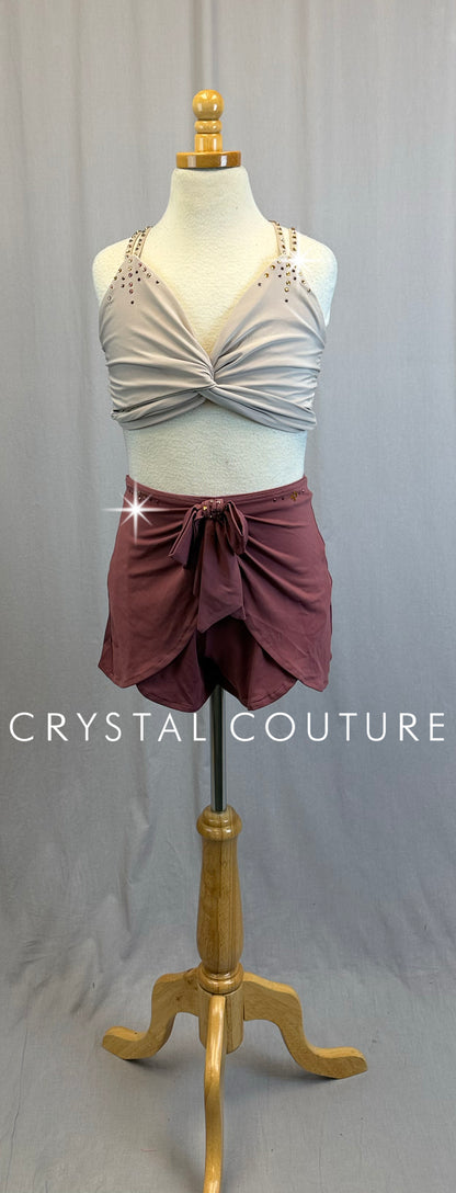 Nude/Tan Top and Dusty Red Flounce Short Two-Piece Set- Rhinestones