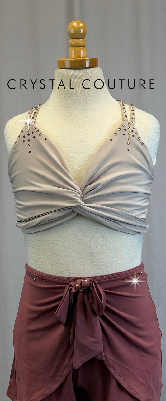 Nude/Tan Top and Dusty Red Flounce Short Two-Piece Set- Rhinestones