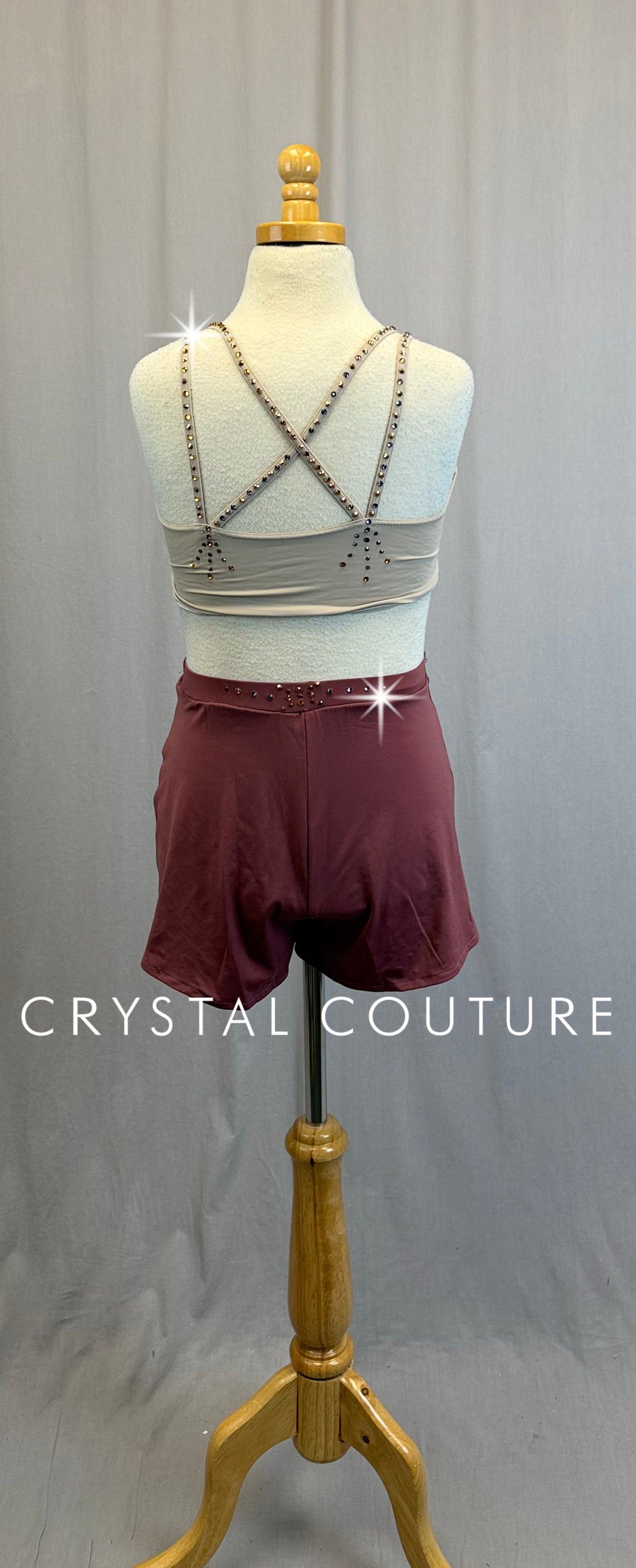Nude/Tan Top and Dusty Red Flounce Short Two-Piece Set- Rhinestones