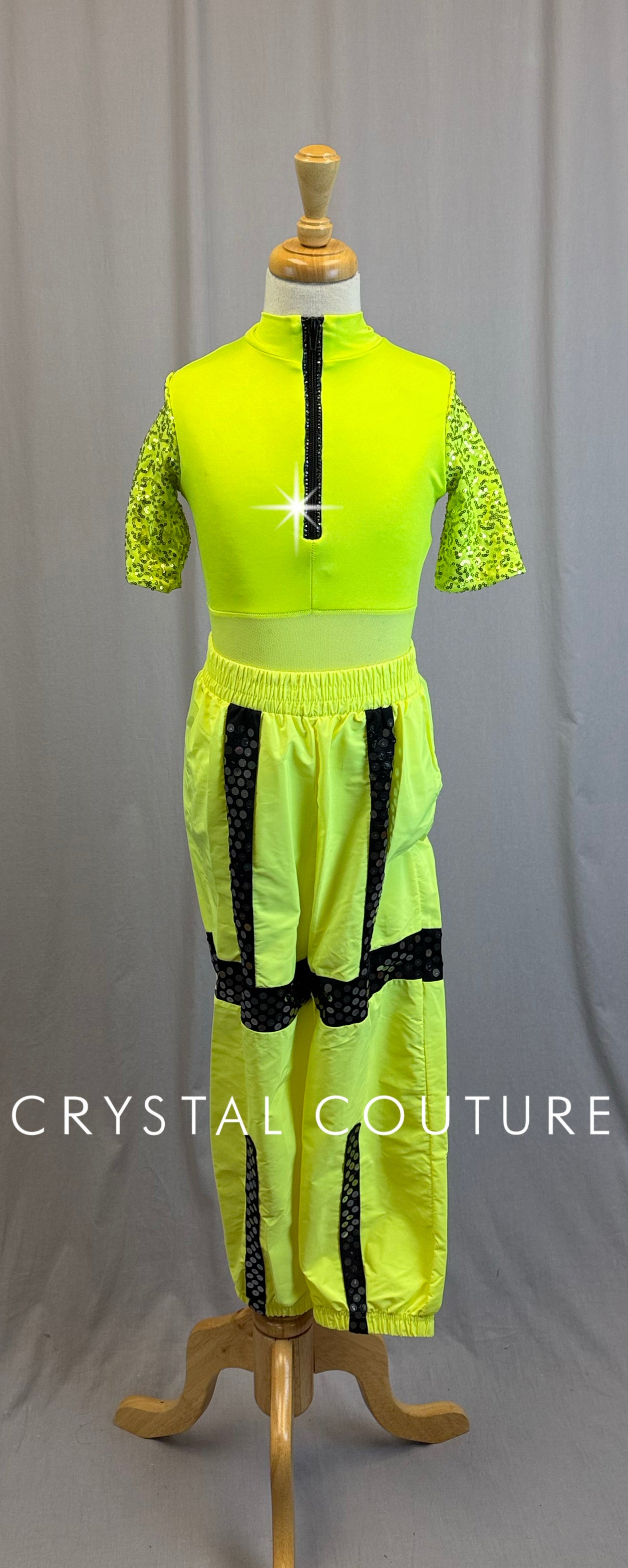 Neon Yellow and Black Parachute Pant Jumpsuit - Rhinestones