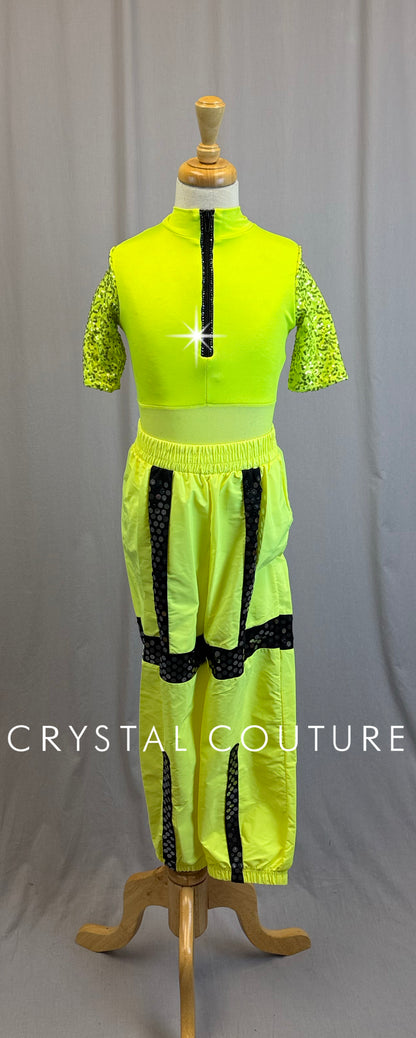Neon Yellow and Black Parachute Pant Jumpsuit - Rhinestones