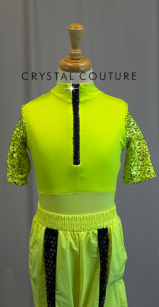 Neon Yellow and Black Parachute Pant Jumpsuit - Rhinestones