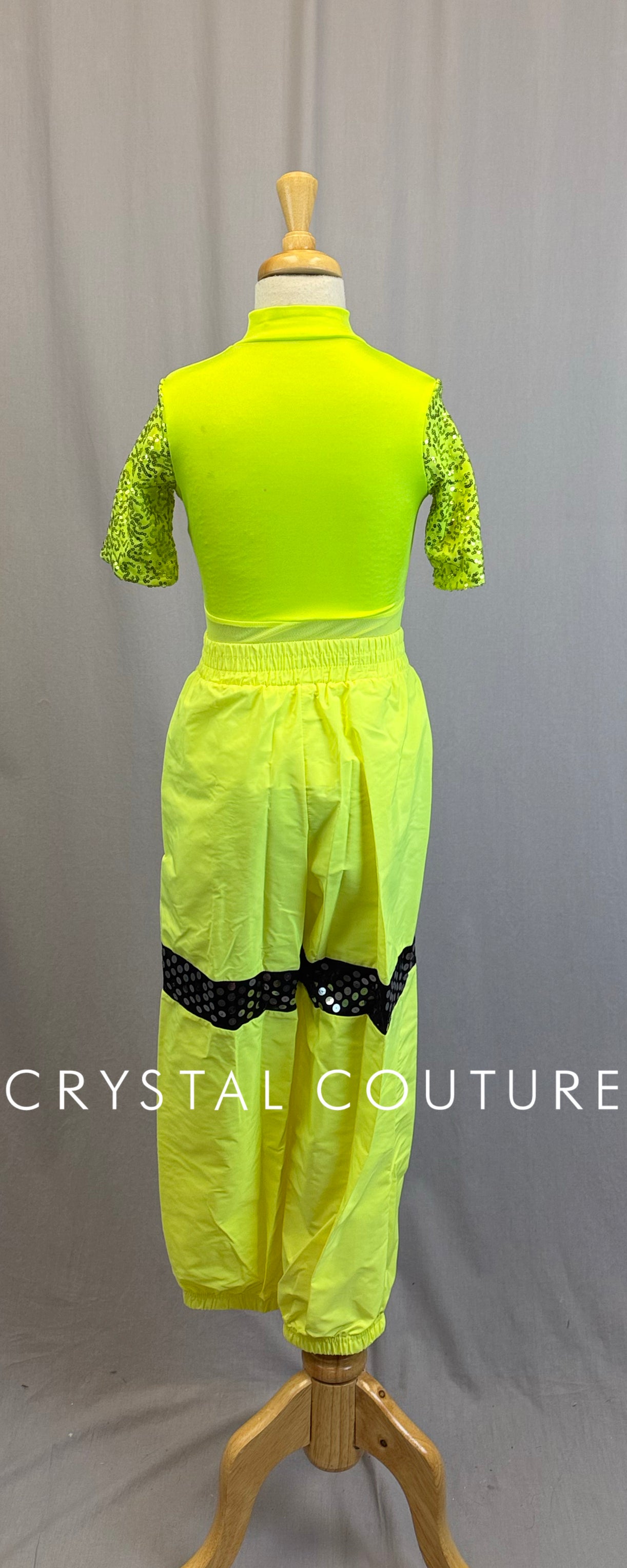 Neon Yellow and Black Parachute Pant Jumpsuit - Rhinestones