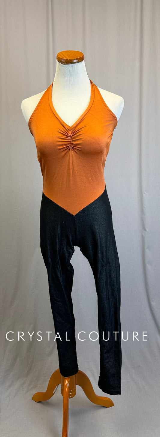 Orange and Faux Denim Halter Unitard